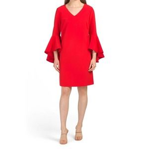 CATHERINE MALANDRINO Scarlett Red Cascade Bell Sleeve Cocktail Dress 4